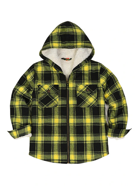 Front view of boys mango yellow flannel jacket with hood standing up