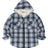 Front view of boys oceanic delight flannel jacket with hood standing up