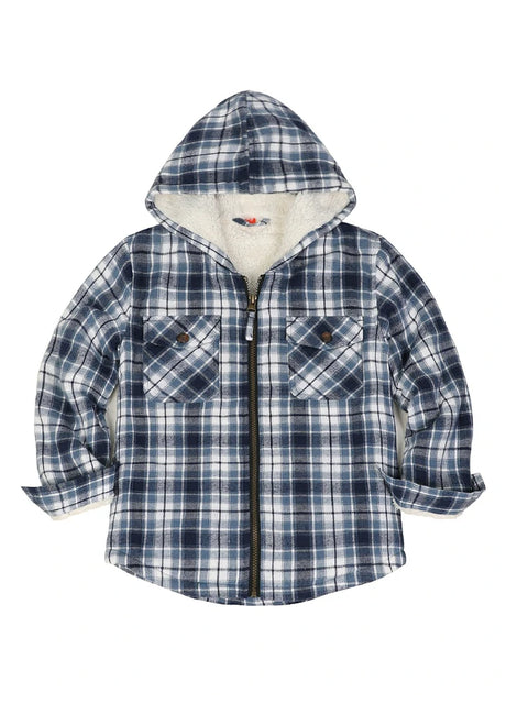 Front view of boys oceanic delight flannel jacket with hood standing up