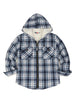 Front view of boys oceanic delight flannel jacket with hood standing up