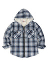 Front view of boys oceanic delight flannel jacket with hood standing up