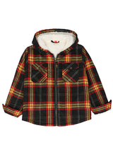 Front view of boys ebony gold flannel jacket