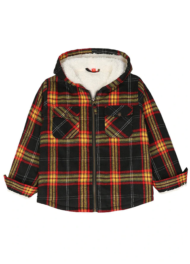 Front view of boys ebony gold flannel jacket