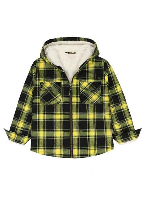 Front view of boys mango yellow flannel jacket