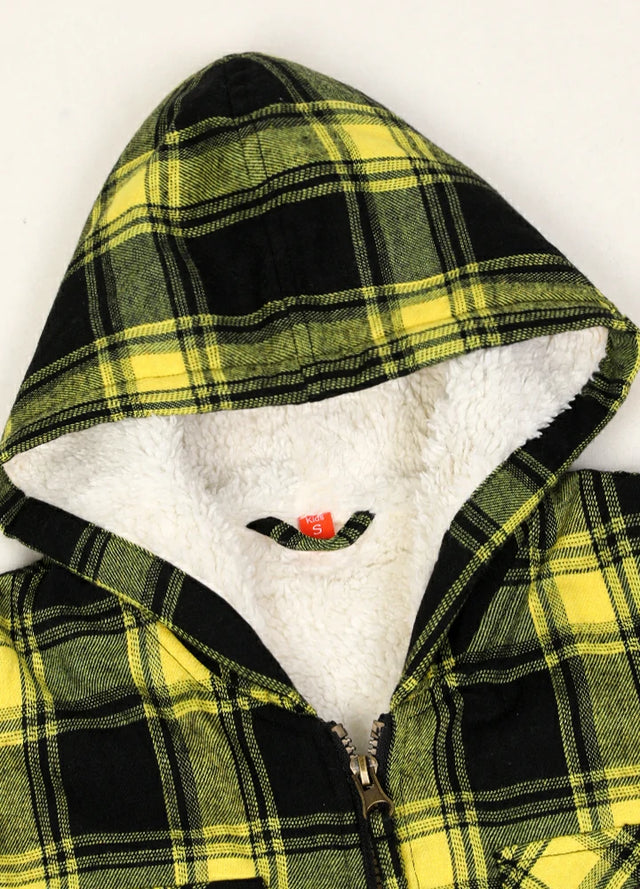 Close-up of hood on boys mango yellow flannel jacket