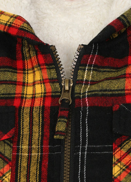 Close-up of boys ebony gold flannel jacket with zipper