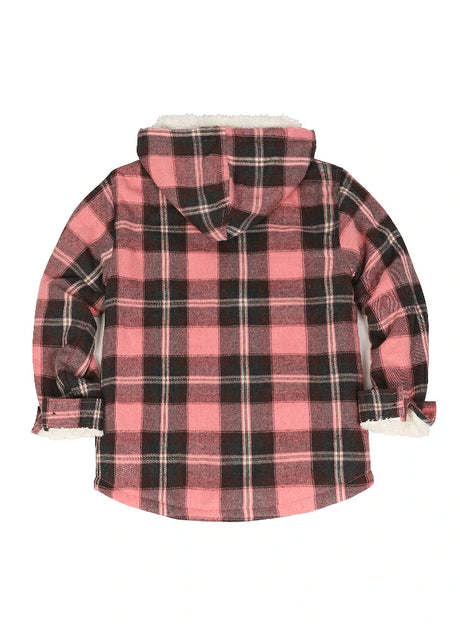 Back view of girls crystal rose full zip plaid flannel jacket