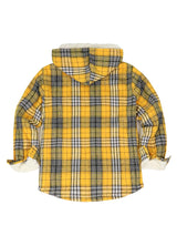 Back view of boys light yellow hooded flannel jacket