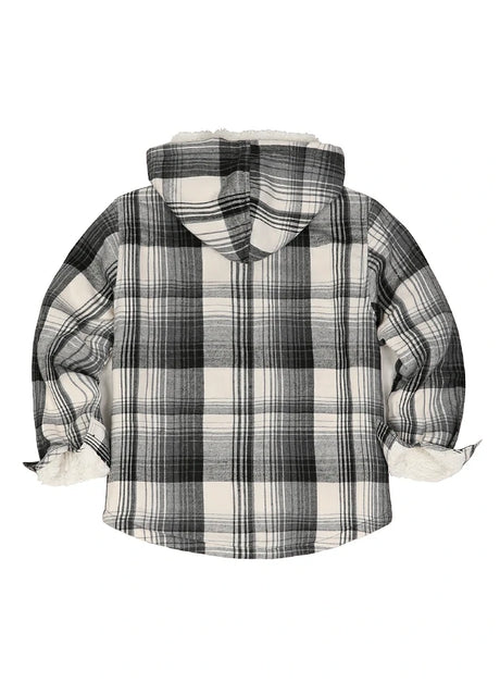 Back view of boys midnight snowfall sherpa lined flannel jacket