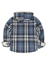 Back view of boys navy blue flannel plaid jacket with front zip