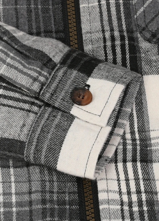 Detailed view of boys midnight snowfall flannel jacket with cuff