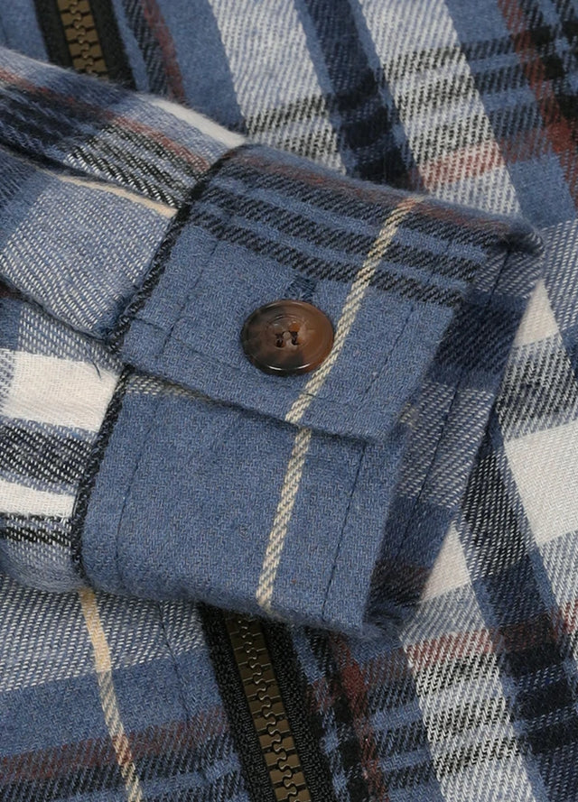 Close-up of boys navy blue flannel jacket cuff with button