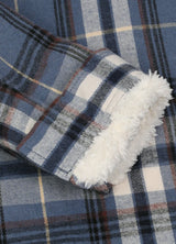 Close-up of the interior of boys navy blue flannel jacket with cuff