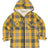 Front view of boys light yellow flannel jacket with hood