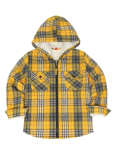 Front view of boys light yellow flannel jacket with hood