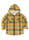 Front view of boys light yellow flannel jacket with hood