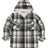 Front view of boys midnight snowfall flannel jacket with hood