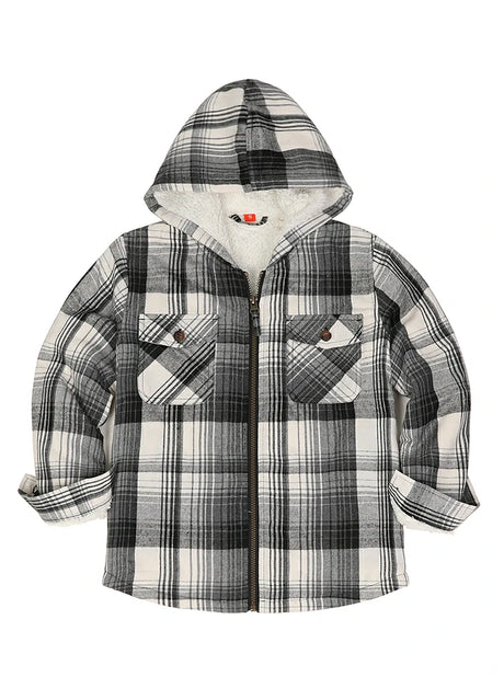 Front view of boys midnight snowfall flannel jacket with hood