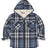 Front view of boys navy blue flannel jacket with hood standing up