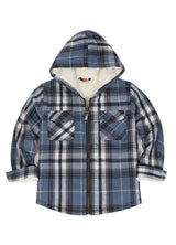 Front view of boys navy blue flannel jacket with hood standing up