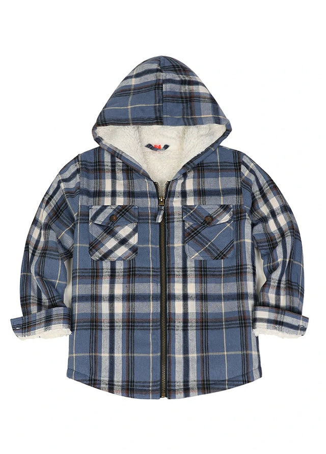 Front view of boys navy blue flannel jacket with hood standing up