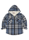 Front view of boys navy blue flannel jacket with hood standing up