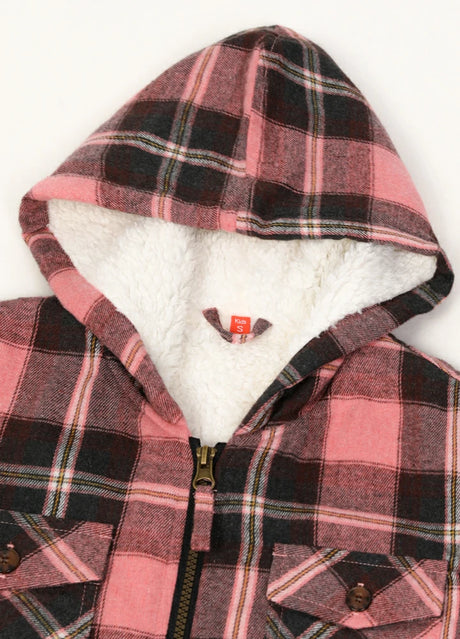 Detail of the hood on girls flannel jacket