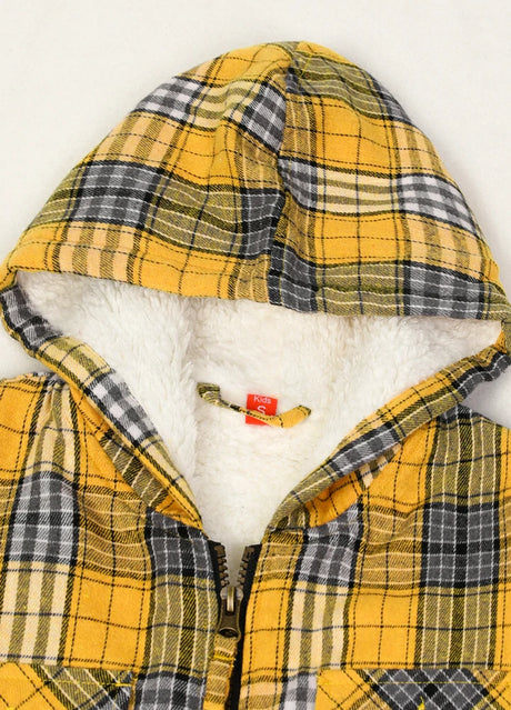 Detail of boys light yellow flannel jacket with hood