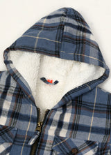 Zoomed-in view of soft hood on a  boys navy blue flannel jacket