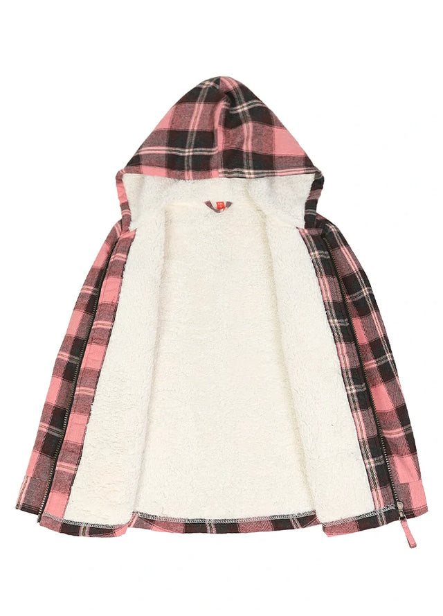 Detailed view of girls crystal rose flannel jacket with cozy sherpa lining