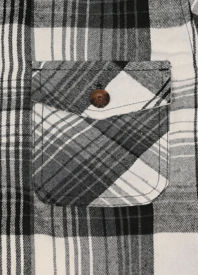 Zoomed-in view of boys flannel jacket pocket with button 