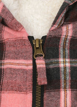 Zoomed-in view of full zip on girls flannel jacket