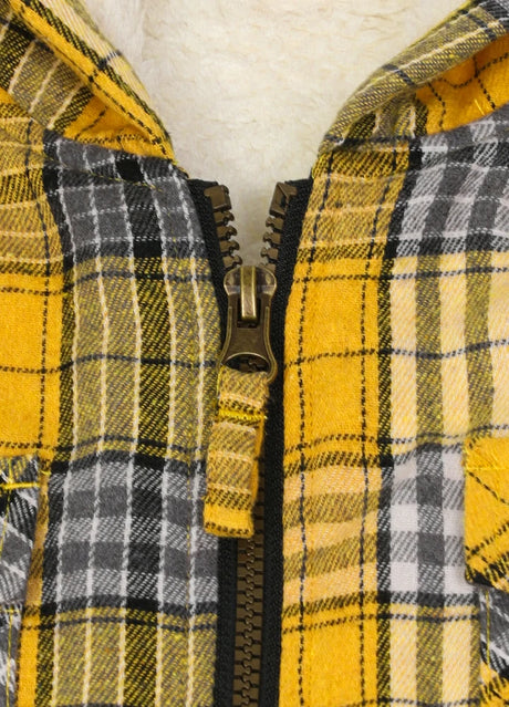 Detailed view of full zip on boys flannel jacket