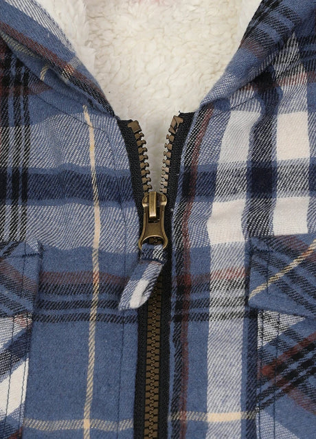 Detailed view of boys navy blue flannel jacket with full zipper