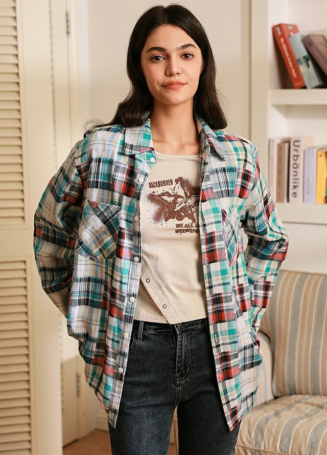 Women's Patchwork Style Plaid Button Down Shirt