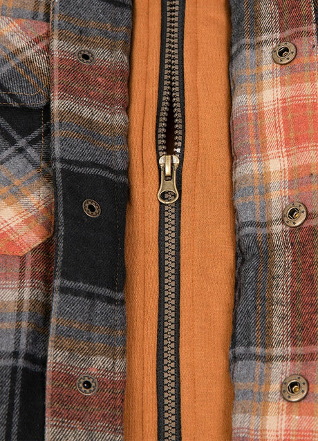 Close-up of the zipper of brown men's brushed flannel hooded