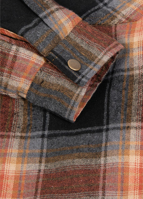 Close-up of the cuff of brown men's quilted lined brushed plaid hooded