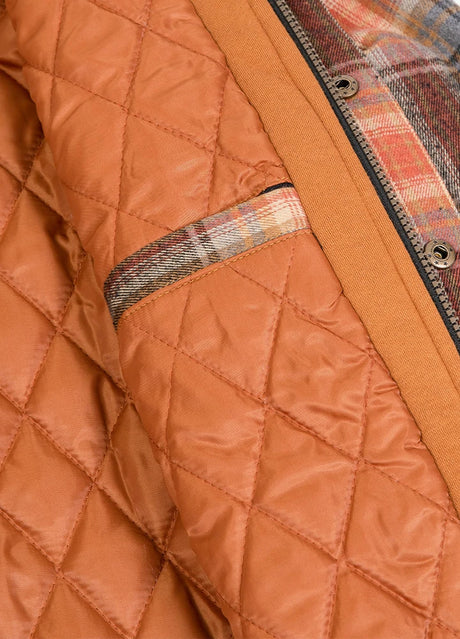 Close-up of inner pocket of brown men's brushed flannel hooded with quilted lining