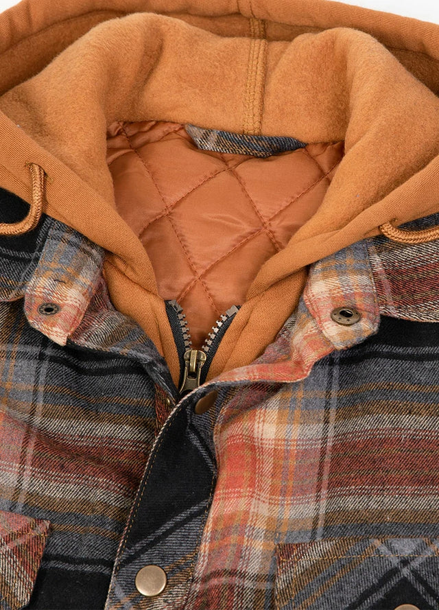 Close-up of the hood of brown men's quilted lined flannel hooded