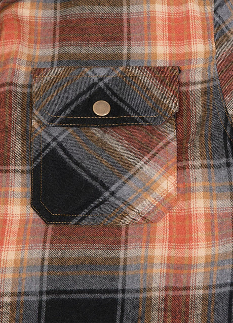 Close-up of the pocket of brown men's quilted lined brushed flannel plaid hooded