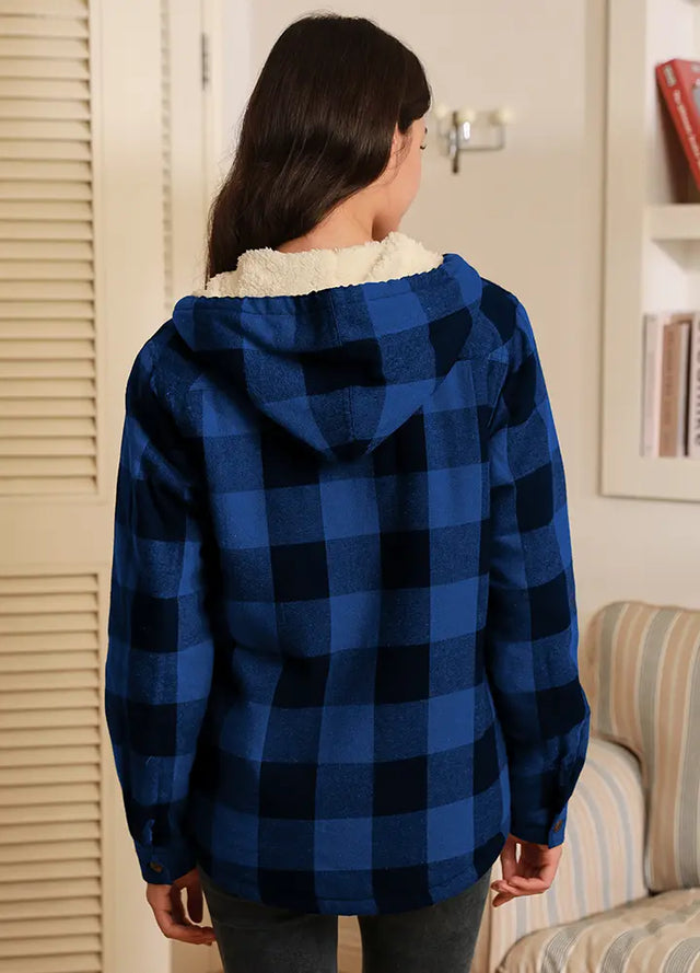 Women's Sherpa Lined Flannel Jacket with Hood,Button Up Plaid