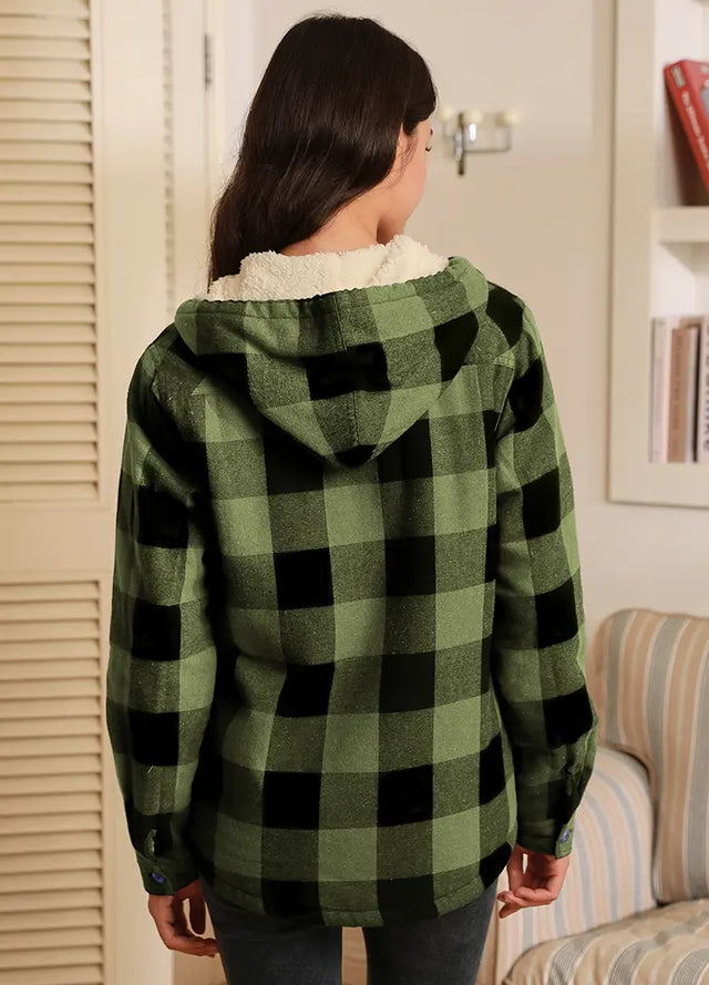 Women's Sherpa Lined Flannel Jacket with Hood,Button Up Plaid