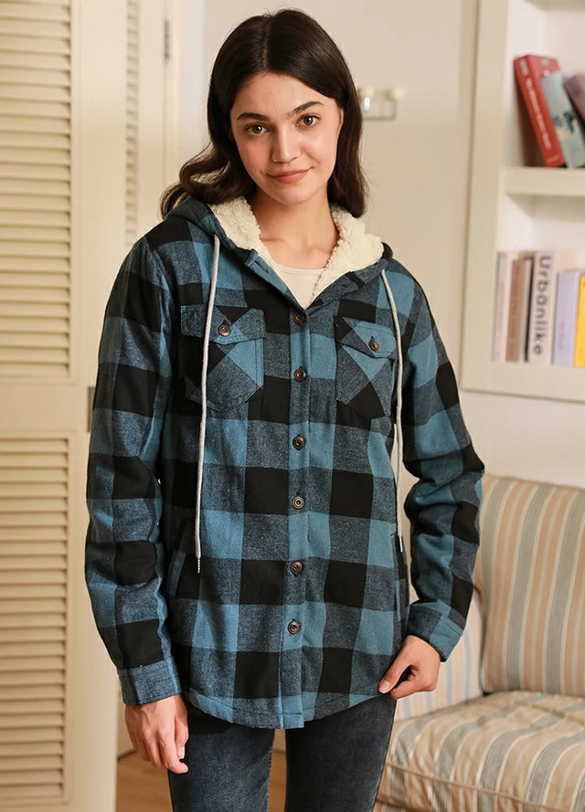 Women's Sherpa Lined Flannel Hoodie,Button Up Plaid