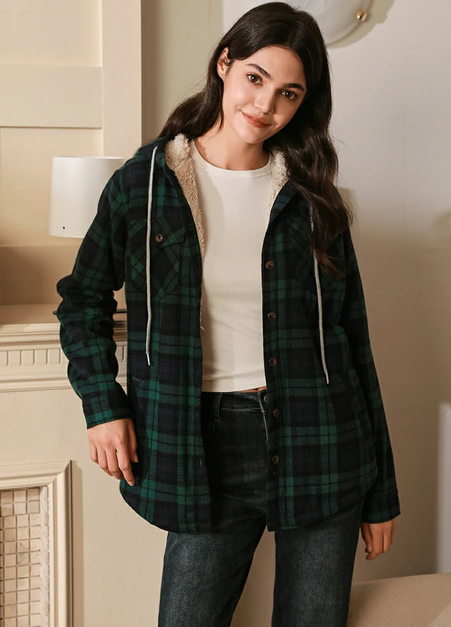 Women's Matching Family Sherpa Lined Green Flannel Jacket with Hood