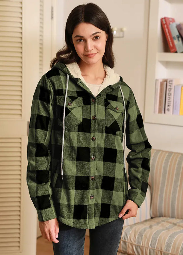 Women's Matching Family Sherpa Lined Green Flannel Jacket with Hood