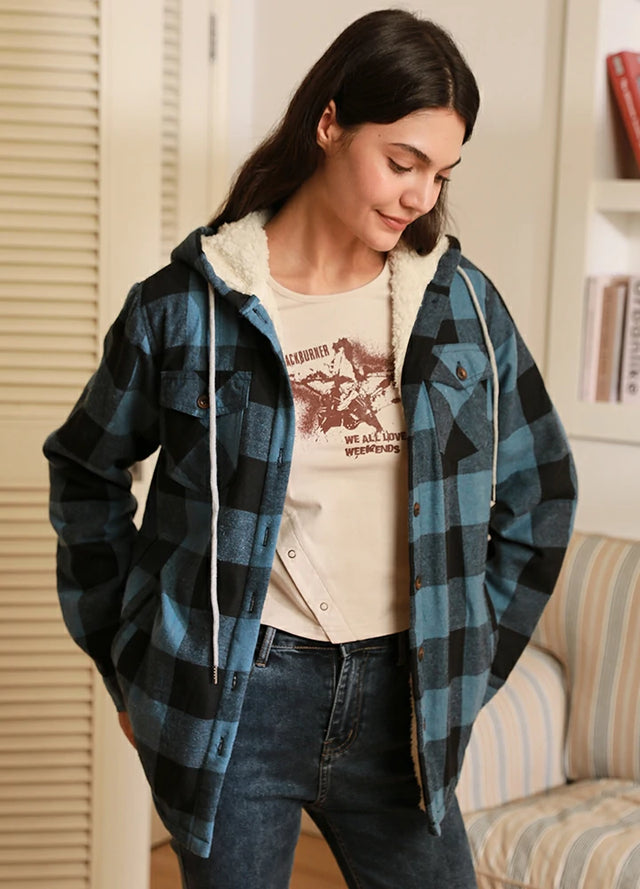 Women's Sherpa Lined Flannel Hoodie,Button Up Plaid