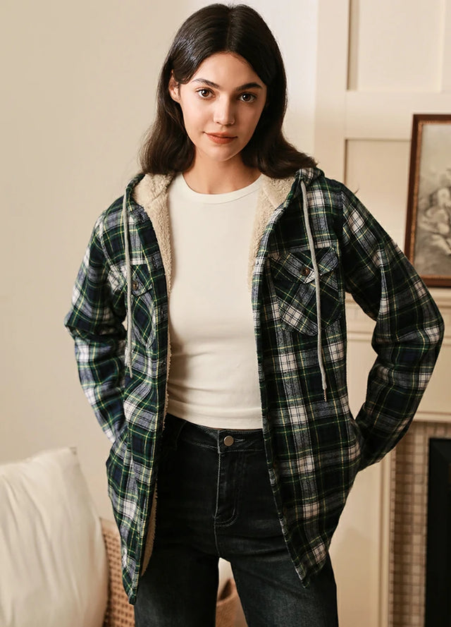 Women's Sherpa Lined Flannel Jacket with Hood,Button Up Plaid