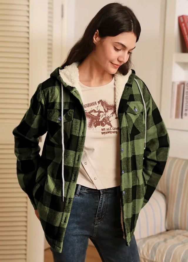 Women's Matching Family Sherpa Lined Green Flannel Jacket with Hood