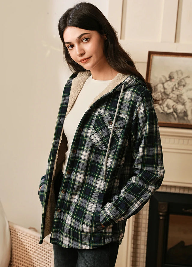 Women's Sherpa Lined Flannel Hoodie,Button Up Plaid