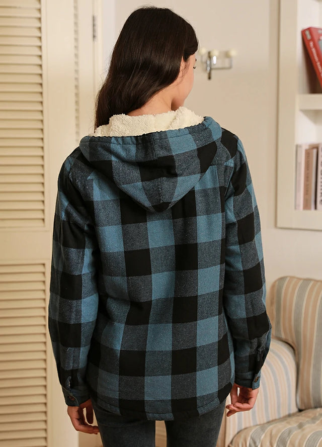 Women's Sherpa Lined Flannel Jacket with Hood,Button Up Plaid